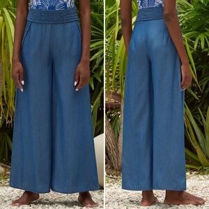Carolina K NWT Palazzo Pants Large denim blue chambray wide leg flowy boho solid